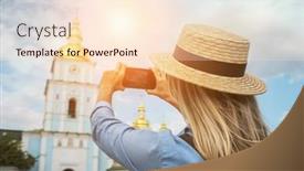  Presentation with european church - Cool new theme with woman-traveler-tourist-using-smartphone backdrop and a lemonade colored foreground