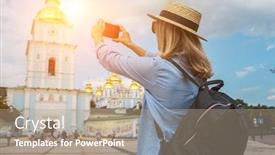  Presentation with european church - Theme with woman-traveler-tourist-using-smartphone background and a coral colored foreground