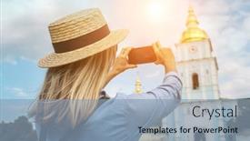  Presentation with european church - PPT theme consisting of woman-traveler-tourist-using-smartphone background and a light blue colored foreground