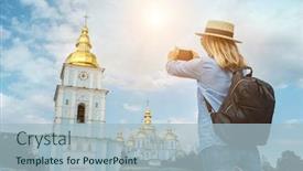  Presentation with european church - Cool new presentation theme with woman-traveler-tourist-using-smartphone backdrop and a light blue colored foreground