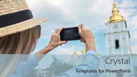  Presentation with european church - Presentation theme featuring woman-traveler-tourist-using-smartphone background and a light blue colored foreground