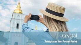  Presentation with european church - Theme featuring woman-traveler-tourist-using-smartphone background and a teal colored foreground