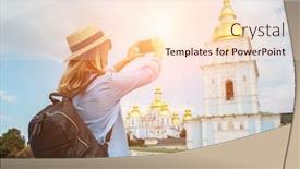  Presentation with european church - PPT layouts featuring woman-traveler-tourist-using-smartphone background and a lemonade colored foreground