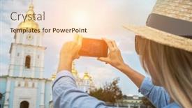  Presentation with european church - PPT theme with woman-traveler-tourist-using-smartphone background and a lemonade colored foreground