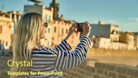  Presentation with woman world - Slide deck enhanced with woman-traveler-tourist-using-smartphone background and a violet colored foreground