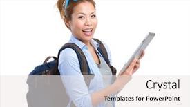  Presentation with traveler - Slides having woman traveler use tablet background and a white colored foreground