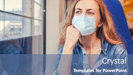  Presentation with train transport - Beautiful slide set featuring woman-traveling-by-pablic-transport backdrop and a ocean colored foreground