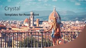  Presentation with panoramic - PPT theme having woman-traveling-in-italy-enjoying and a light blue colored foreground