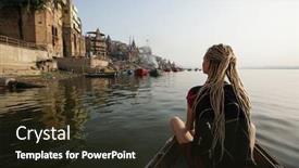  Presentation with india ganges - Presentation design consisting of woman-traveller-on-a-boat background and a wine colored foreground