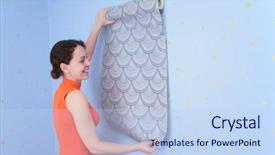  Presentation with wall falling - Beautiful PPT theme featuring woman tries on wall-paper backdrop and a light blue colored foreground