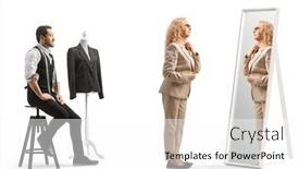  Presentation with clothes shop - PPT layouts with woman-trying-on-a-clothes background and a white colored foreground