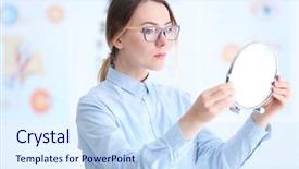  Presentation with ophthalmologist - Amazing slides having woman trying on glasses at ophthalmologist backdrop and a sky blue colored foreground