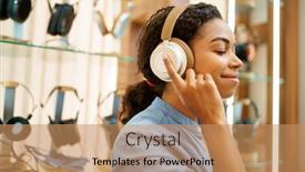  Presentation with headphones - PPT theme featuring woman-trying-on-headphones background and a coral colored foreground