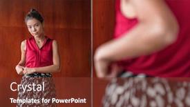  Presentation with weight loss - Colorful presentation design enhanced with woman trying on new clothes looking in mirror of changing room putting skirt shopping for outfit at clothing store happy asian girl satisfied of look weight loss concept backdrop and a tawny brown colored foreground