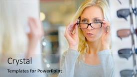  Presentation with thick glasses - Presentation enhanced with woman trying on some glasses background and a light blue colored foreground