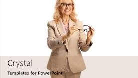  Presentation with eyesight - PPT theme enhanced with woman-trying-pairs-of-eyesight background and a coral colored foreground