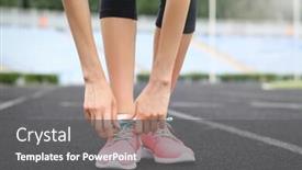  Presentation with sneakers - Theme enhanced with woman tying lace on her sneakers on a running stadium background and a gray colored foreground