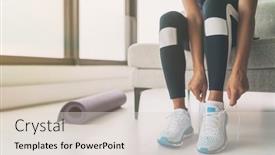  Presentation with running shoes - PPT layouts having woman-tying-running-shoes-laces background and a lemonade colored foreground