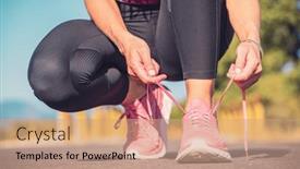  Presentation with woman sport - Slide set consisting of woman-tying-shoelaces-on-sneakers and a coral colored foreground