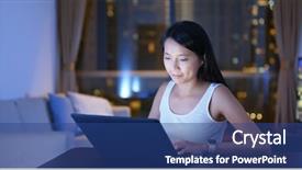  Presentation with cyber stalking computer laptop suffering - Amazing PPT theme having woman type on laptop computer backdrop and a ocean colored foreground