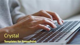  Presentation with computer - Slide deck featuring woman-type-on-laptop-computer background and a tawny brown colored foreground