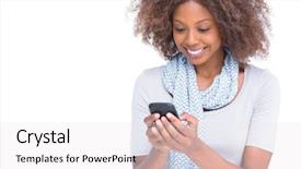  Presentation with text message - Colorful PPT layouts enhanced with woman typing a text message backdrop and a white colored foreground