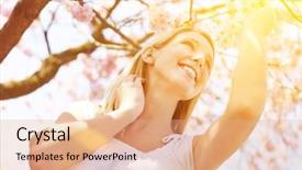  Presentation with spring tree - Theme with sunny day with happy young woman under blooming cherry tree in spring background and a coral colored foreground