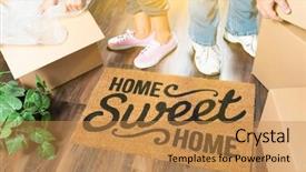  Presentation with welcome - Beautiful PPT theme featuring woman unpacking near home backdrop and a gold colored foreground