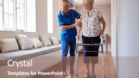  Presentation with helping - Audience pleasing slides consisting of woman use a walking frame backdrop and a coral colored foreground