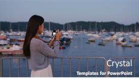  Presentation with take - Presentation theme consisting of woman-use-camera-to-take background and a ocean colored foreground