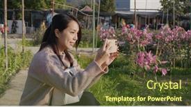  Presentation with lily flower - Audience pleasing PPT theme consisting of woman-use-cellphone-to-take backdrop and a tawny brown colored foreground