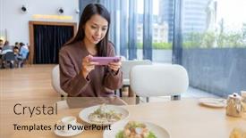  Presentation with coffee shop - Presentation theme enhanced with woman-use-cellphone-to-take background and a coral colored foreground