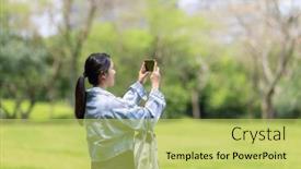  Presentation with take - Slides featuring woman-use-cellphone-to-take background and a  colored foreground