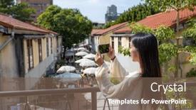  Presentation with take - Slide deck enhanced with woman-use-cellphone-to-take background and a violet colored foreground