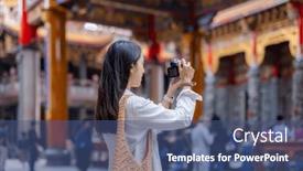  Presentation with chinese temple - Presentation theme with woman-use-digital-camera background and a ocean colored foreground