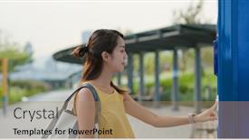  Presentation with mobile use - PPT theme with woman-use-mobile-phone background and a coral colored foreground