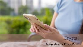  Presentation with mobile use - Presentation theme having woman-use-mobile-phone background and a coral colored foreground