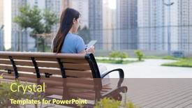  Presentation with mobile use - PPT theme featuring woman-use-mobile-phone background and a  colored foreground