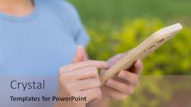  Presentation with mobile use - Presentation theme with woman-use-mobile-phone background and a coral colored foreground