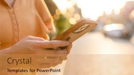  Presentation with mobile use - Theme enhanced with woman-use-mobile-phone background and a yellow colored foreground