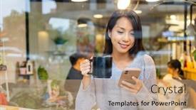  Presentation with mobile use - Theme with woman-use-mobile-phone background and a coral colored foreground