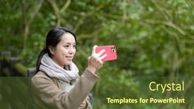  Presentation with mobile use - Slides enhanced with woman-use-mobile-phone background and a tawny brown colored foreground