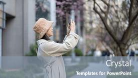  Presentation with mobile use - Theme having woman-use-mobile-phone background and a  colored foreground