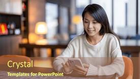  Presentation with mobile use - Presentation theme having woman-use-mobile-phone background and a  colored foreground