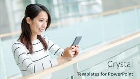  Presentation with modern building - Beautiful presentation featuring woman-use-of-cellphone-inside backdrop and a sky blue colored foreground