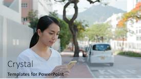  Presentation with cheerful stylish city girl using - Audience pleasing presentation theme consisting of woman-use-of-cellphone backdrop and a light blue colored foreground