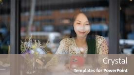  Presentation with coffee shop - Slide set having woman-use-of-cellphone background and a  colored foreground