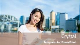  Presentation with city map - PPT layouts with woman use of city map in hong kong background and a coral colored foreground