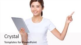  Presentation with finger point - Audience pleasing PPT theme consisting of woman use of digital tablet and finger point up backdrop and a lemonade colored foreground