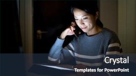  Presentation with talk - Presentation design featuring woman use of digital tablet and talk to cellphone background and a ocean colored foreground